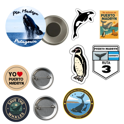 Pack Iman 56mm + 2 Pines Prendedores + 5 Stickers Vinilo - Recuerdo Puerto Madryn