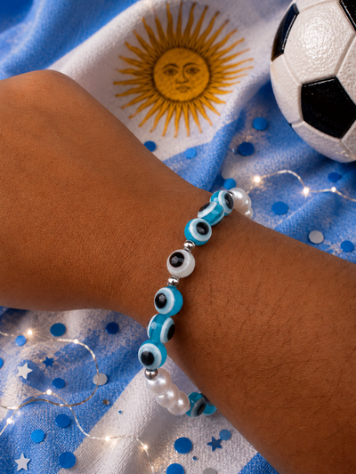 Pulsera Amuleto de argentina  con ojo turco blanco y ojos turcos celestes 