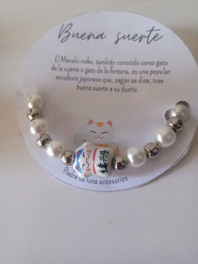 Pulsera  amuleto gatito Maneki-neko  de  perlas 