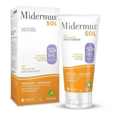 Protector solar Fps 50 70 gr liviana hidrante con niacinamida Midermus protege luz azul
