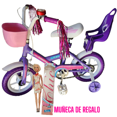 Bicicleta Rodado 12 con Sillita para muñeca y Accesorios - Con Muñeca de REGALO!