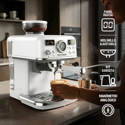 Cafetera Expresso TELEFUNKEN PARMA con MOLINILLO INTEGRADO y ESPUMADOR + kit barista