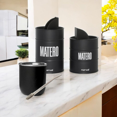 SET MATERO: mate termico con bombilla y latas Yerbera y Azucarera Marwal  