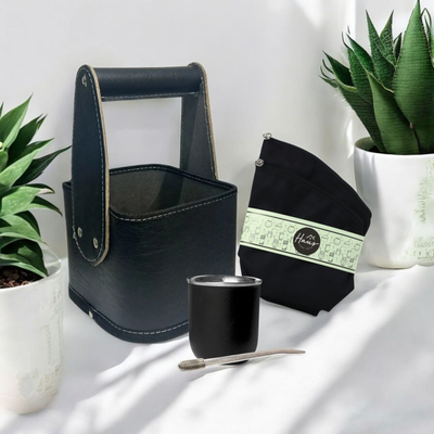 COMBO MATERO1: Canasta cuerina + Mate termico con bombilla + Set tela yerbera y azucarera 