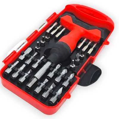 SET DE DESTORNILLADOR MANGO EN T + 25 PUNTAS + ESTUCHE