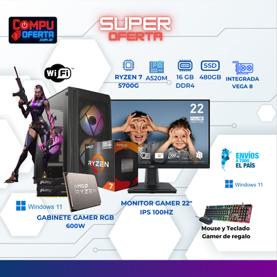 PC GAMER RYZEN 7 5700G/MONITOR 22"/COMBO MOUSE TECLADO GAMER