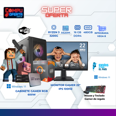 PC GAMER RYZEN 3 3200G/MONITOR 22"/COMBO MOUSE TECLADO GAMER