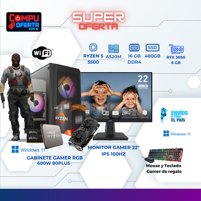 PC GAMER RYZEN 5 5500/RTX3050/MONITOR GAMER 22"100HZ