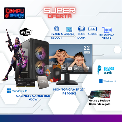 PC GAMER RYZEN 5 5600GT/MONITOR 22"/COMBO MOUSE TECLADO GAMER