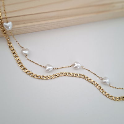 Pulsera doble perla corazón - Dorado 