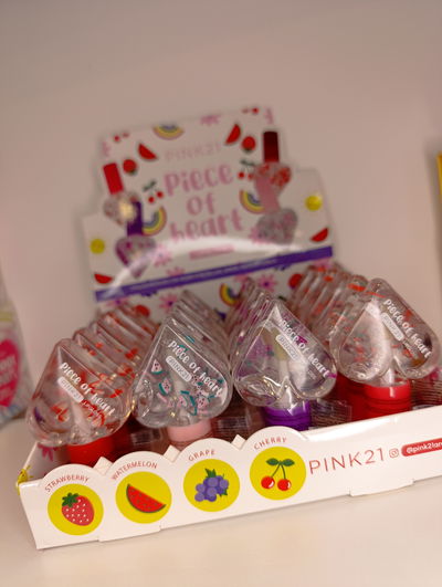 Brillo labial corazón con frutas pink 21 