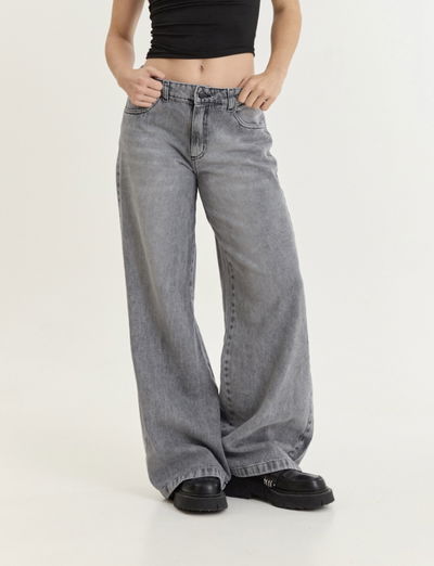 Jeans gris claro rígido y recto - tiro bajo