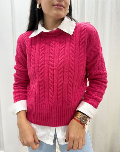 Sweater de lana trenzado cuello redondo 