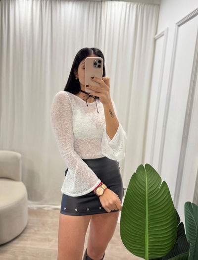 Remera tejida con lurex mangas oxford 