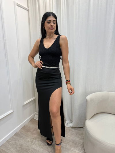 Pollera larga de lycra con tajo 