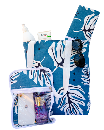 Kit Playero Palmera Petroleo: Bolso mediano + lona + neceser transparente