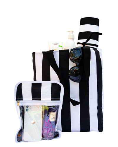 Kit Playero Rayado: Bolso mediano + lona + neceser transparente