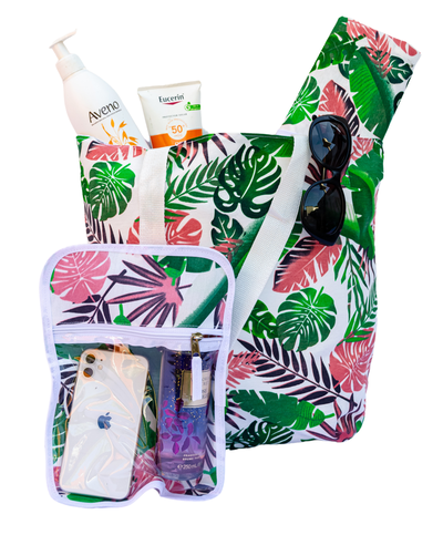 Kit Playero Tropical : Bolso mediano + lona + neceser transparente