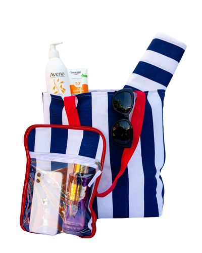 Kit Playero Rayado: Bolso mediano + lona + neceser transparente
