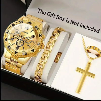 CONJUNTO DE RELOJ DORADO, CCADENA, PULSA Y ANILLO