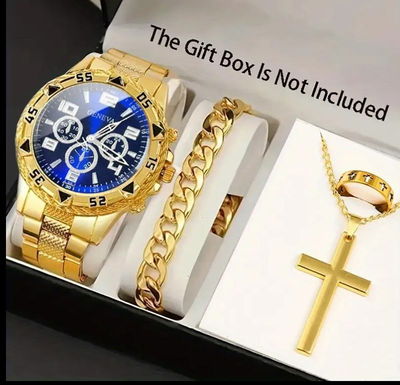 CONJUNTO DE RELOJ DORADO DE PANTALPA AZUL, PULSA, CADENA Y ANILLO