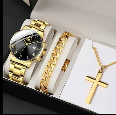 CONJUNTO DE RELOJ DORADO CON ESFERA NEGRA