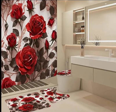 JUEGO COMPLETO PARA BAÑO CON ESTAMPADO DE ROSAS