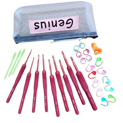 Juego de 9 Agujas de Crochet Rojas con Estuche