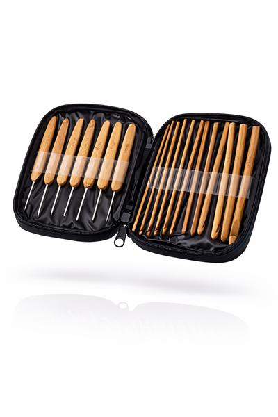 Set de Agujas de Crochet Bambú + Punta Metálica (20 piezas) con estuche