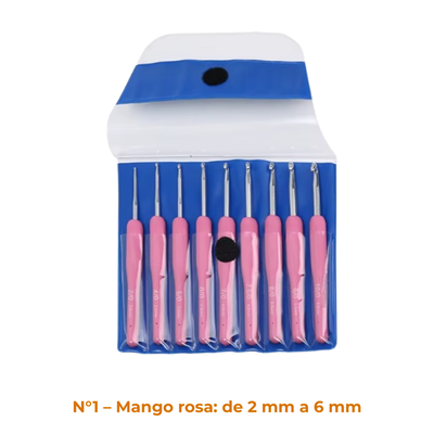 🧶 Set x9 Agujas de Crochet con Mango Ergonómico + Estuche