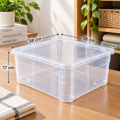 Caja Organizadora Transparente 20 Litros con Tapa Apilable 38x38x17 cm