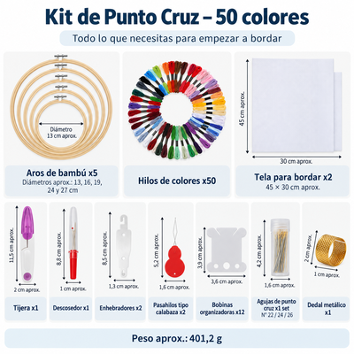 Kit de Bordado Completo 50 Colores con Bastidores y Accesorios
