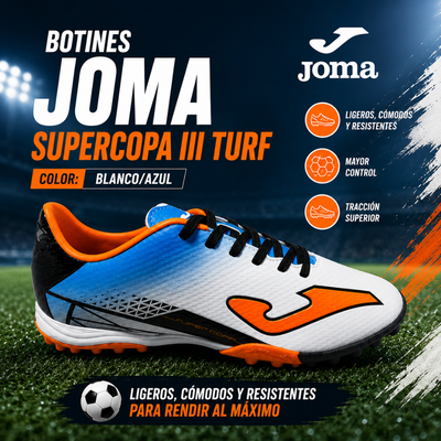 Botines Joma Supercopa III Turf (Blanco-Azul)