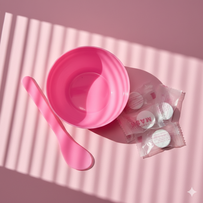 Recipiente con espatula y mascarillas comprimidas