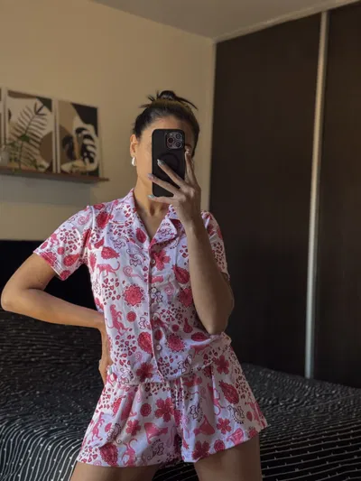 Pijama Corto Camisero - Rosa Flores - Modal Premium