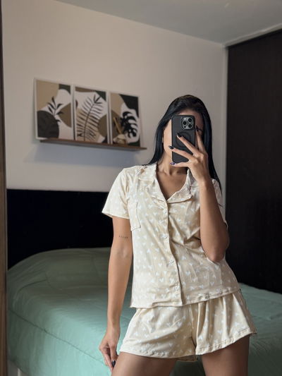Pijama Corto Camisero - Beige Corazones Modal premium