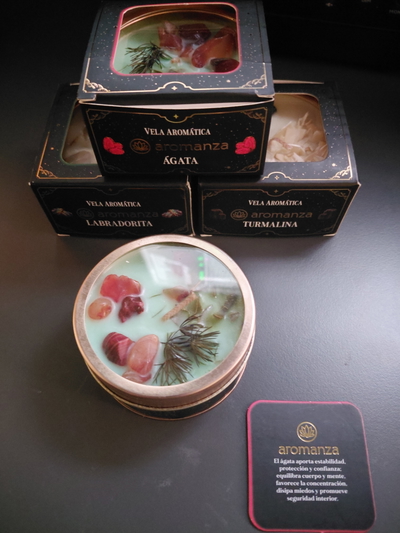 VELAS ORGANICAS AROMATICAS CON CRISTALES AROMANZA
