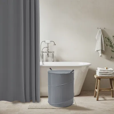 Set.Cortina De Baño Teflonada , cesto de ropa y ganchos