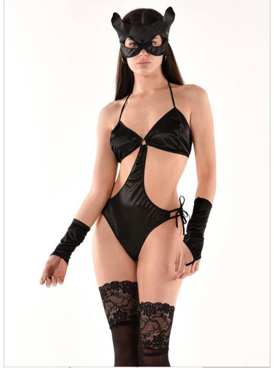 Disfraz fantasía con body con cola, vincha con orejitas y guantes en composé.
