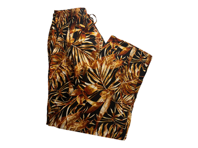 Pantalon fibrana negro hojas marrones y camel  talle 10