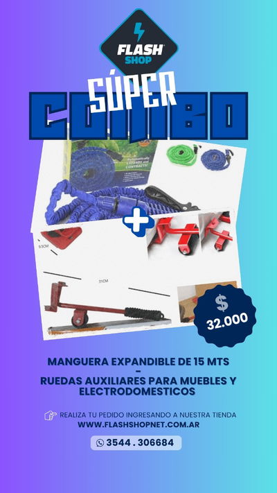 MANGUERA EXPANDIBLE DE 15 MTS MAS RUEDAS AUXILIARES PARA MUEBLES Y ELECTRODOMESTICOS