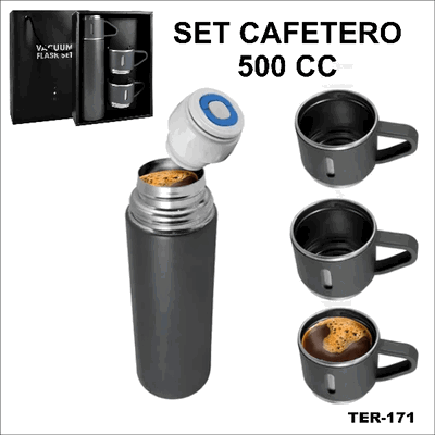 SET TERMO CAFE 500 ml Y 3 TAZAS CHARLY NEGRO