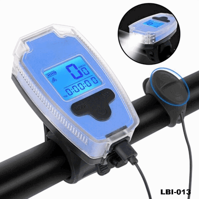 LUZ BICI DELANTERA CON BOCINA Y VELOCIMETRO RECARGABLE HJ-065