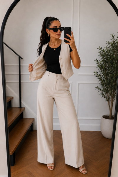Conjunto Sastrero Crep Beige Claro