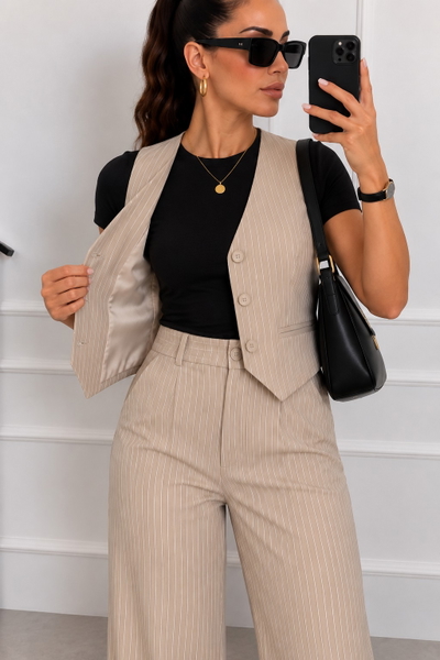 Conjunto Rayado Forrado Beige 