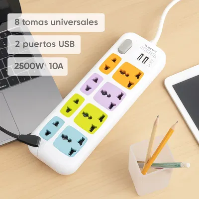 Zapatilla Eléctrica 8 Tomas Universales + 2 Puertos USB (S)