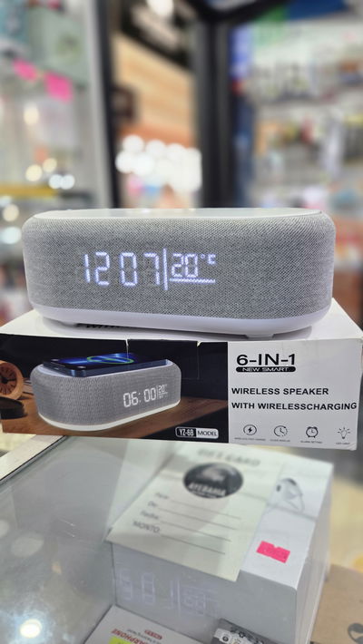 PARLANTE YZ-6B 6 EN 1 -RELOJ ALARMA - CLIMA / LUZ LED / QI 15 W