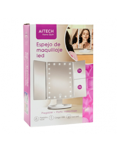 ESPEJO TRIPLE MAQUILLAJE AITECH CON LUZ LED CARGA USB COLORES