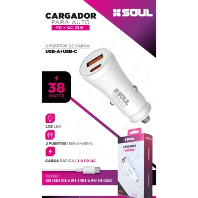 Cargador Soul de Auto 38W Carga Rápida incluye cable Ca C