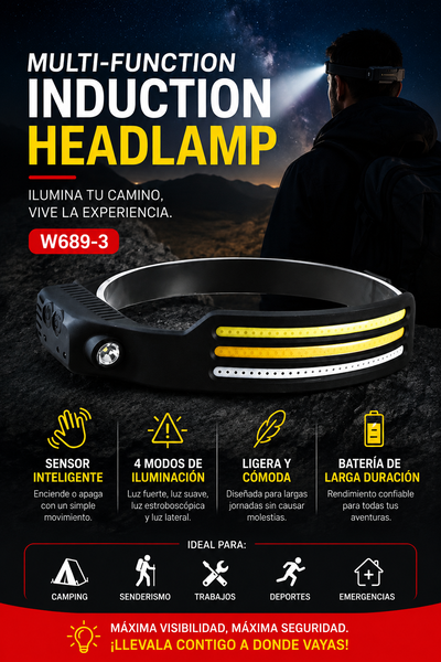 LINTERNA PARA CABEZA LED CARGA USB - W689-3 BLANCO FRIO 